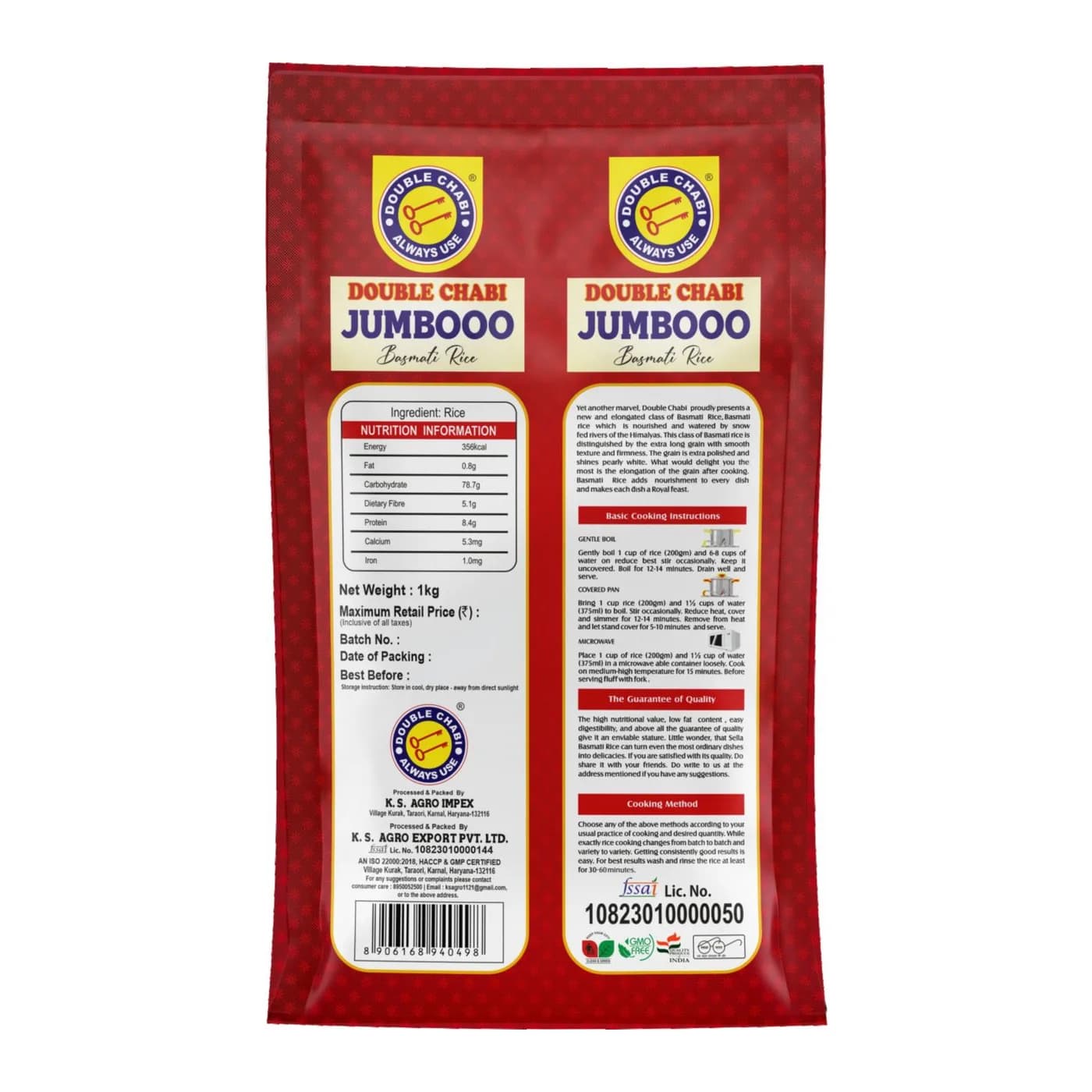 Double Chabi Jumbooo Basmati Rice, 1kg pack, back