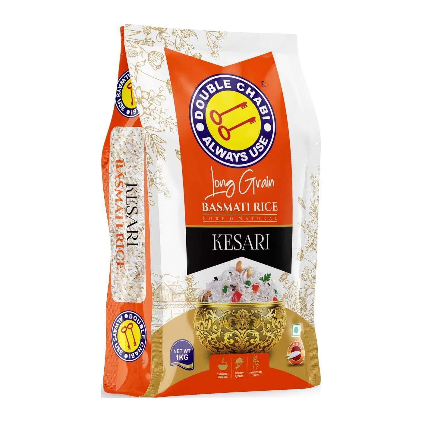 Double Chabi Kesari Long Grain Basmati Rice, 1kg pack, front angle