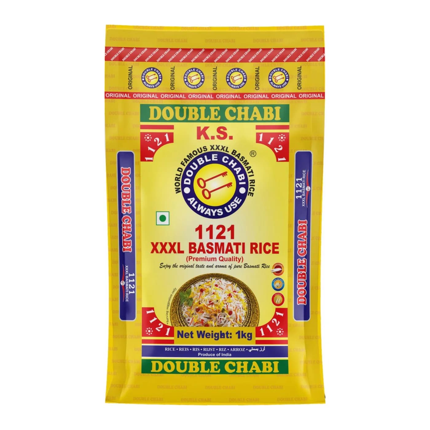 Double Chabi 1121 XXXL Basmati Rice, 1kg pack, front