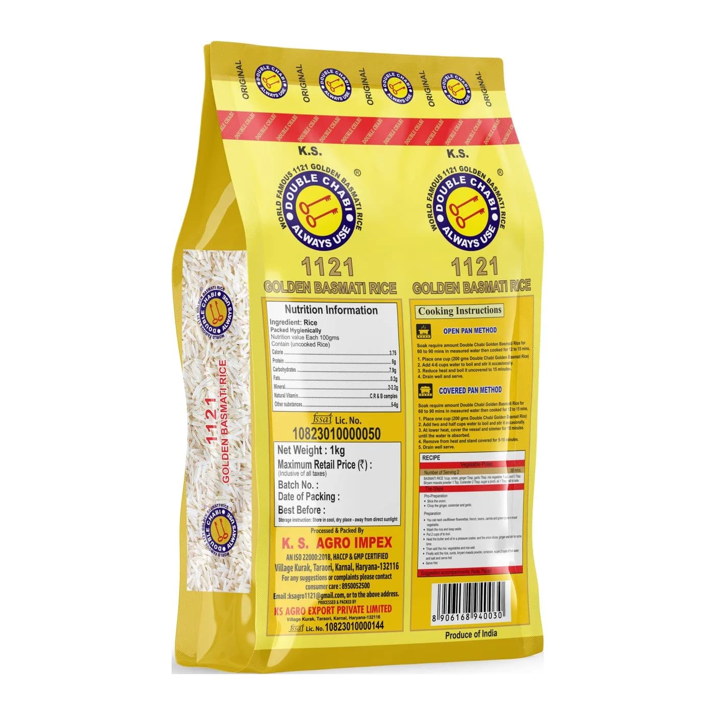 Double Chabi Golden No.1 Rice, 1kg pack, back angle