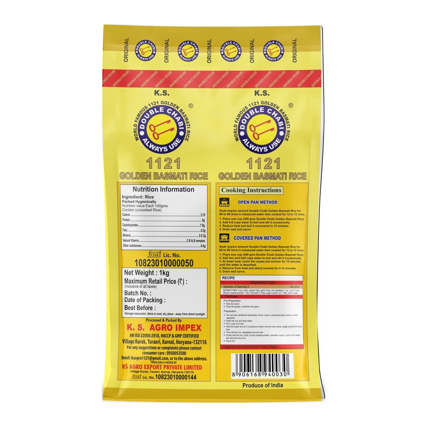 Double Chabi Golden No.1 Rice, 1kg pack, back